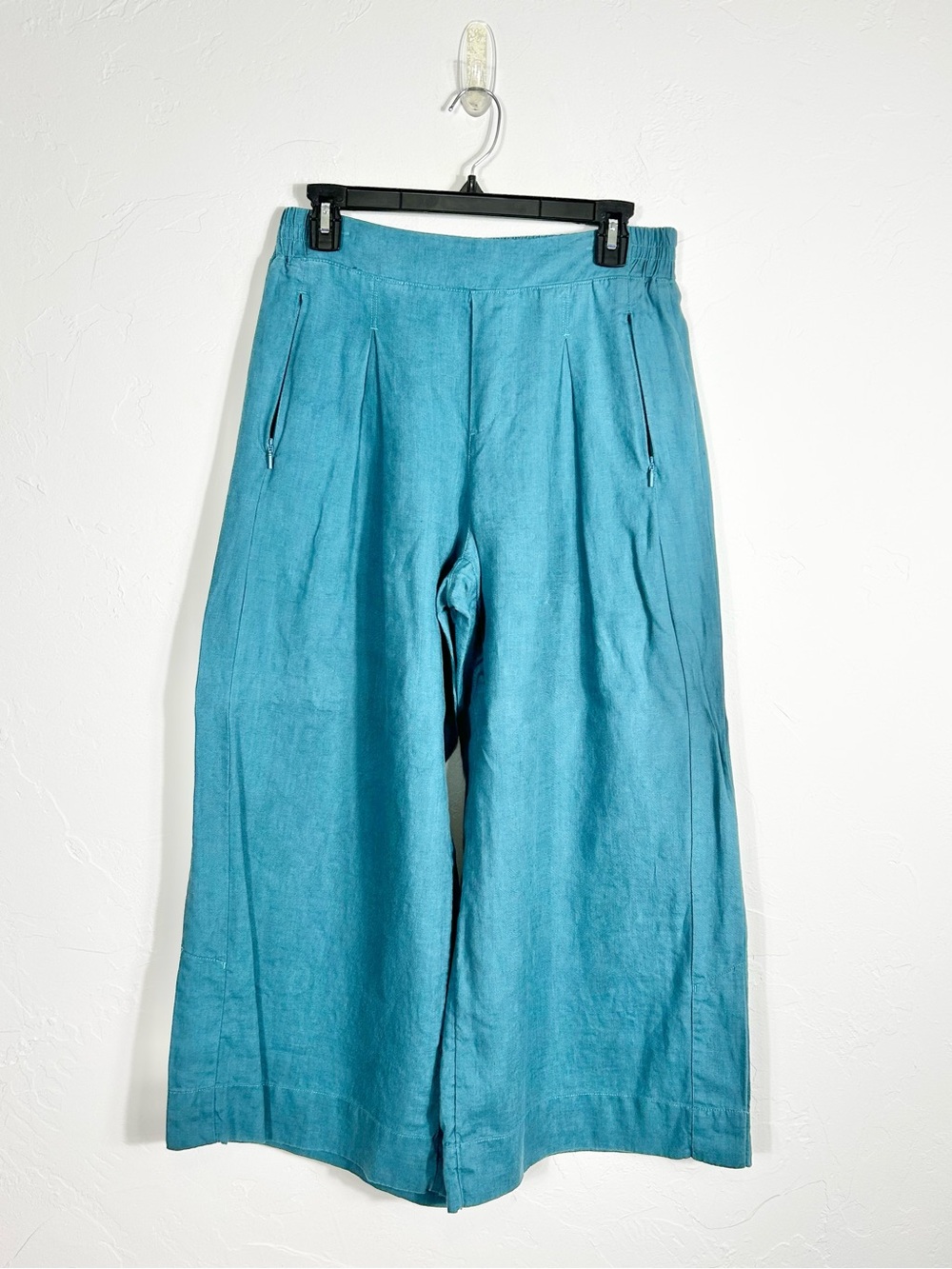 Athleta Playa Linen Wide Leg Crop Pants Turquoise Elastic Waist Size 8